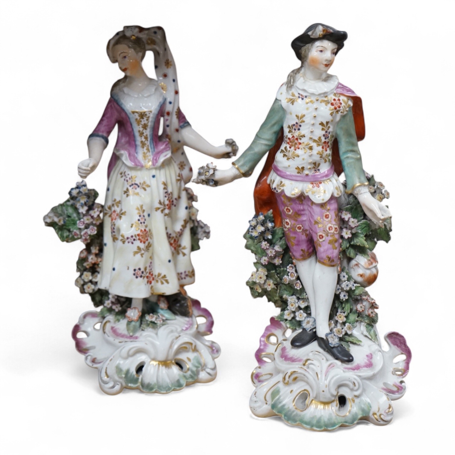 A pair of 18th century Derby porcelain figures of a lady and gentleman, 27cm high